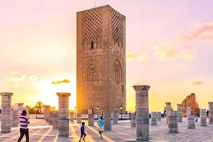 Sunset view of Hassan Tower in Rabat, a highlight on Morocco 11 days tour from Marrakech itinerary