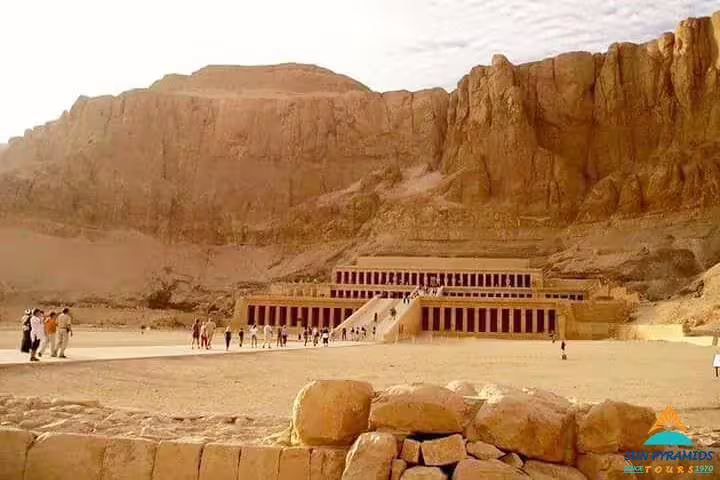 Wide view of Hatshepsut Temple at Deir el-Bahari, accessible stop on Alexandria to Abu Simbel tour