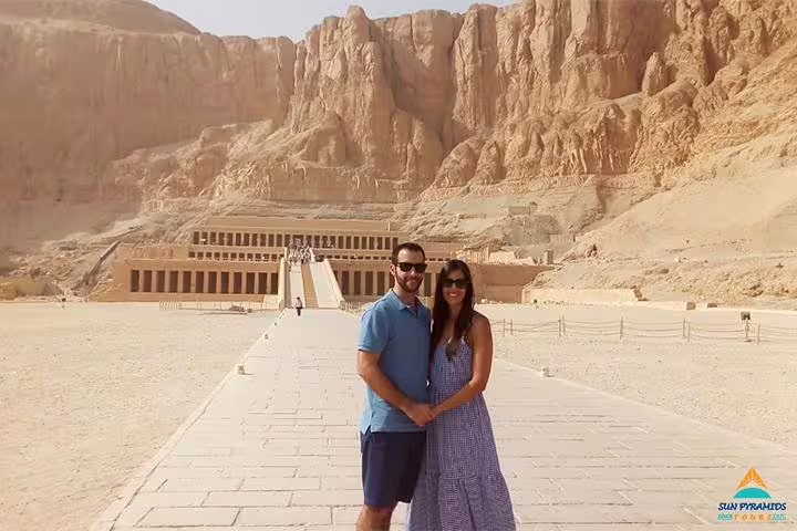 Couple at Hatshepsut Temple, Luxor West Bank, on 8 days 7 nights Jewels of Egypt Luxor and Aswan tour