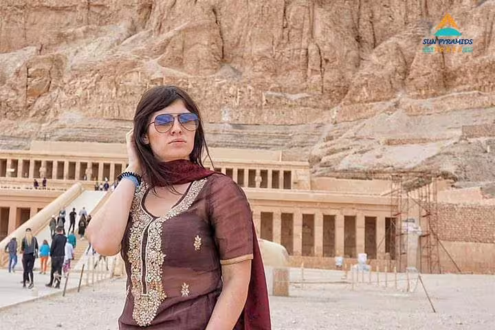 Traveler at Hatshepsut Temple, Luxor West Bank, featured in 15 days 14 nights Egypt pyramids tour itinerary