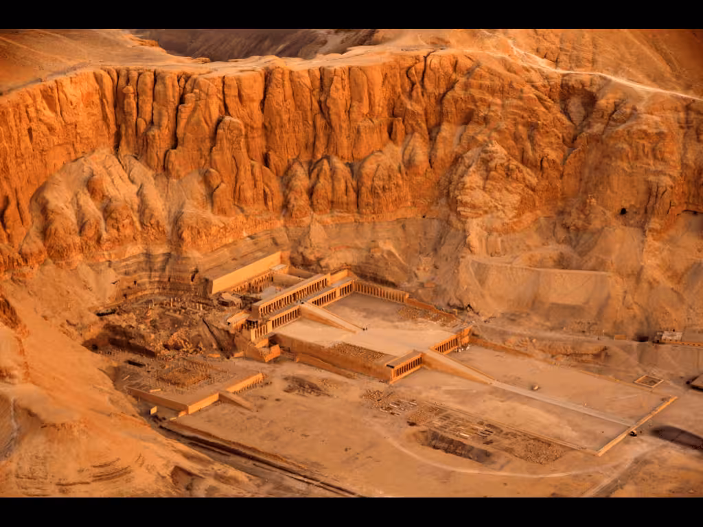 Aerial view of Hatshepsut Temple at Deir el-Bahari, Luxor West Bank on a 7-day Egypt 5-star Nile cruise tour