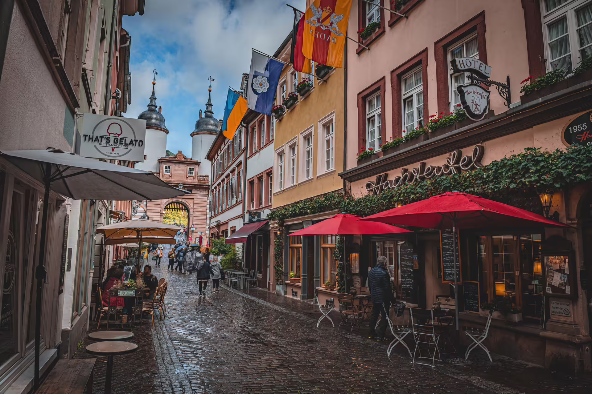 Heidelberg Old Town street with cafés and flags near Karlstor gate, ideal for 1-day audioguide walking tour