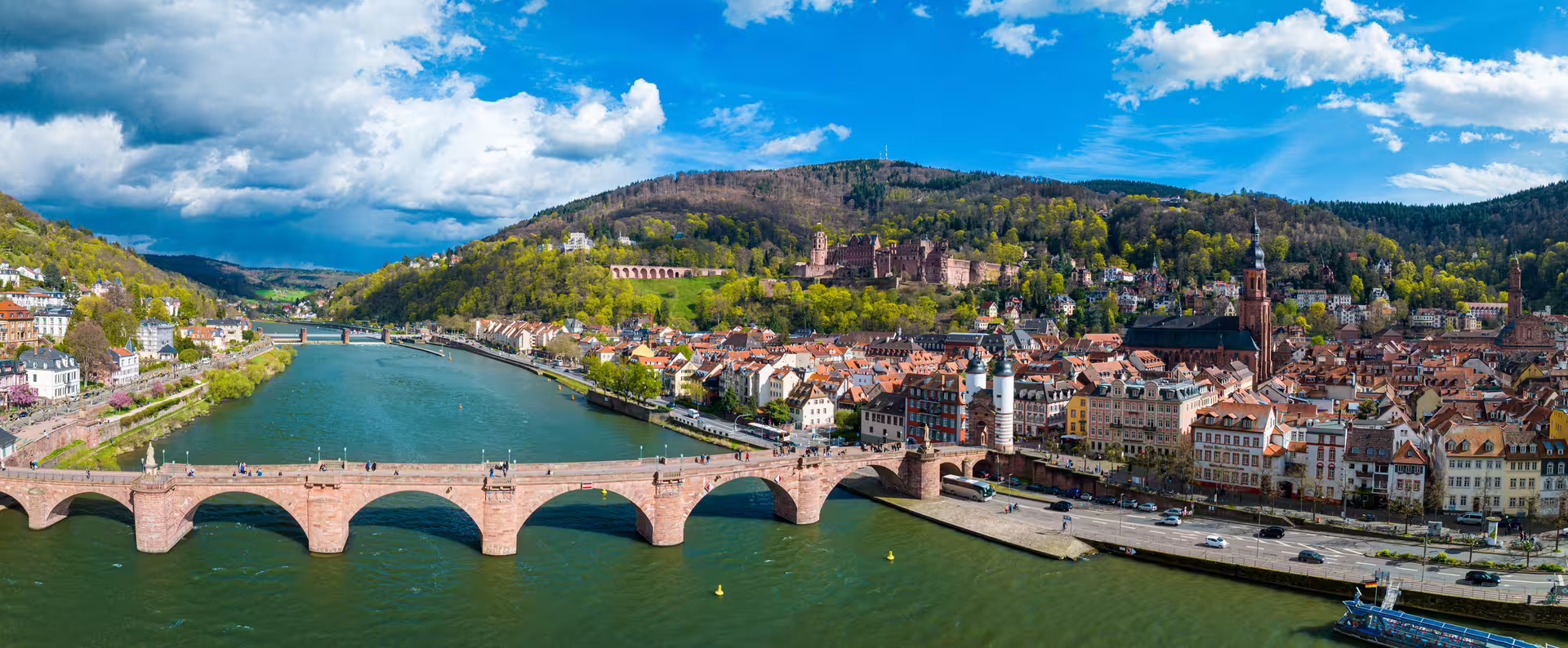Panoramic Heidelberg Old Town and Old Bridge on the Neckar River, ideal for a 1-day audioguide walking tour
