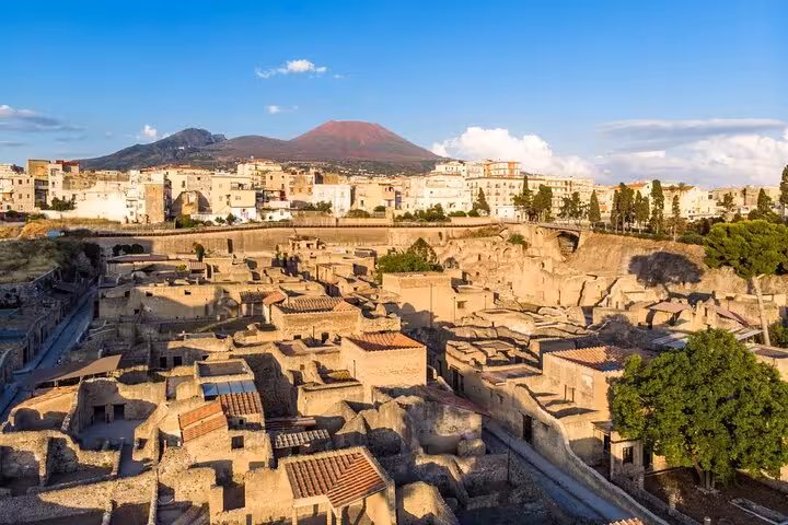 Discover Herculaneum's ancient ruins with Mount Vesuvius in the background, offering a unique skip-the-line experience.