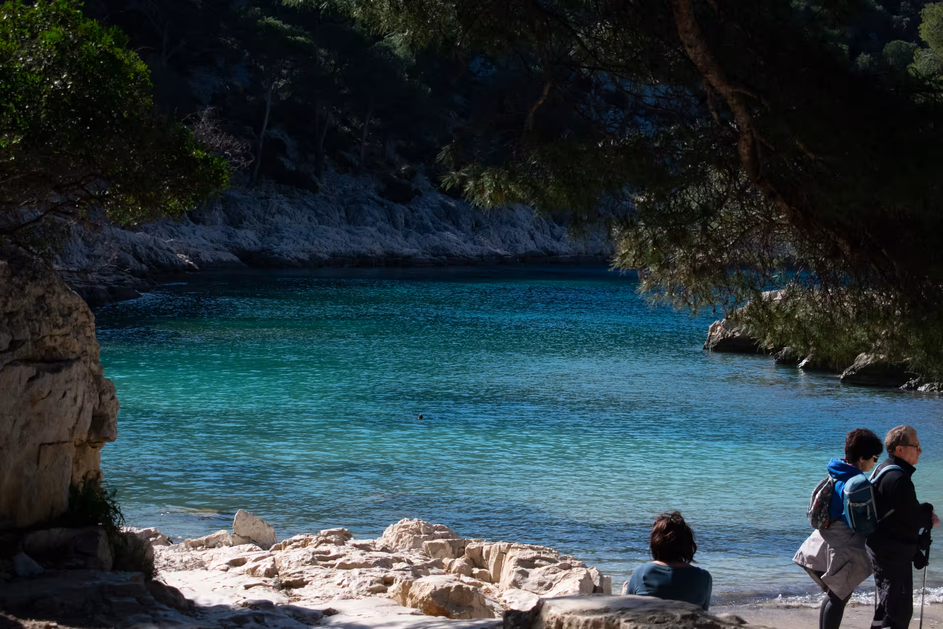 Hikers resting by a turquoise calanque cove on the Luminy trail in Calanques National Park, Marseille