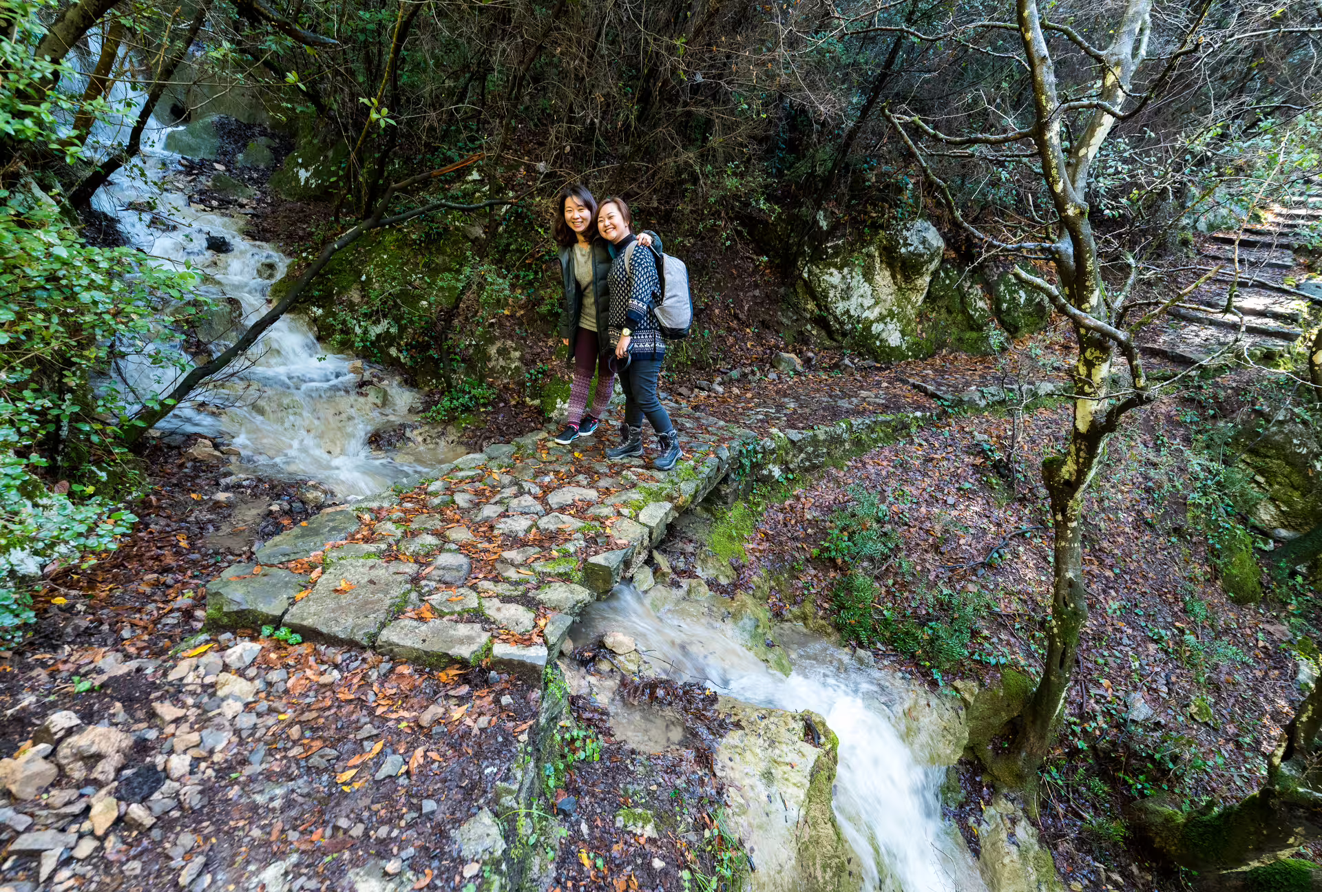 Hikers on a stone bridge beside a rushing stream on the Lousios Gorge guided hiking tour in Arcadia, Greece