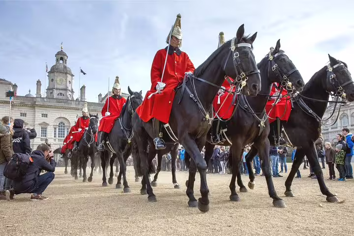 Horse Guards parade in London during a full-day private tour, showcasing historical uniforms and ceremonial traditions.