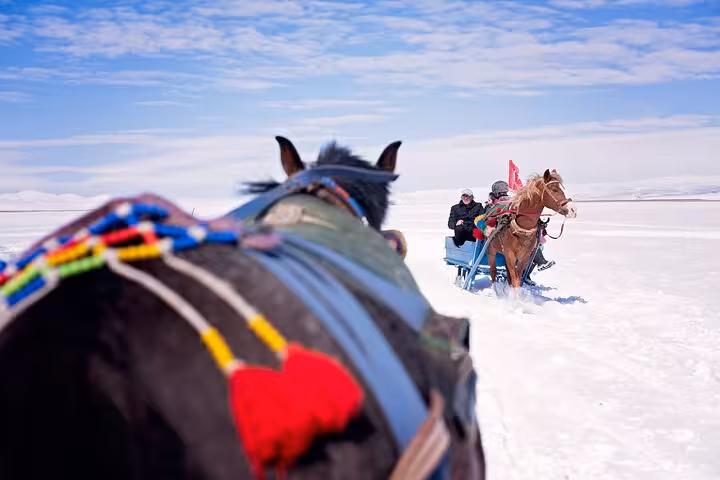 Horse-drawn sleigh ride across frozen Lake Çıldır near Kars, included on an all-inclusive private guided 2-day tour