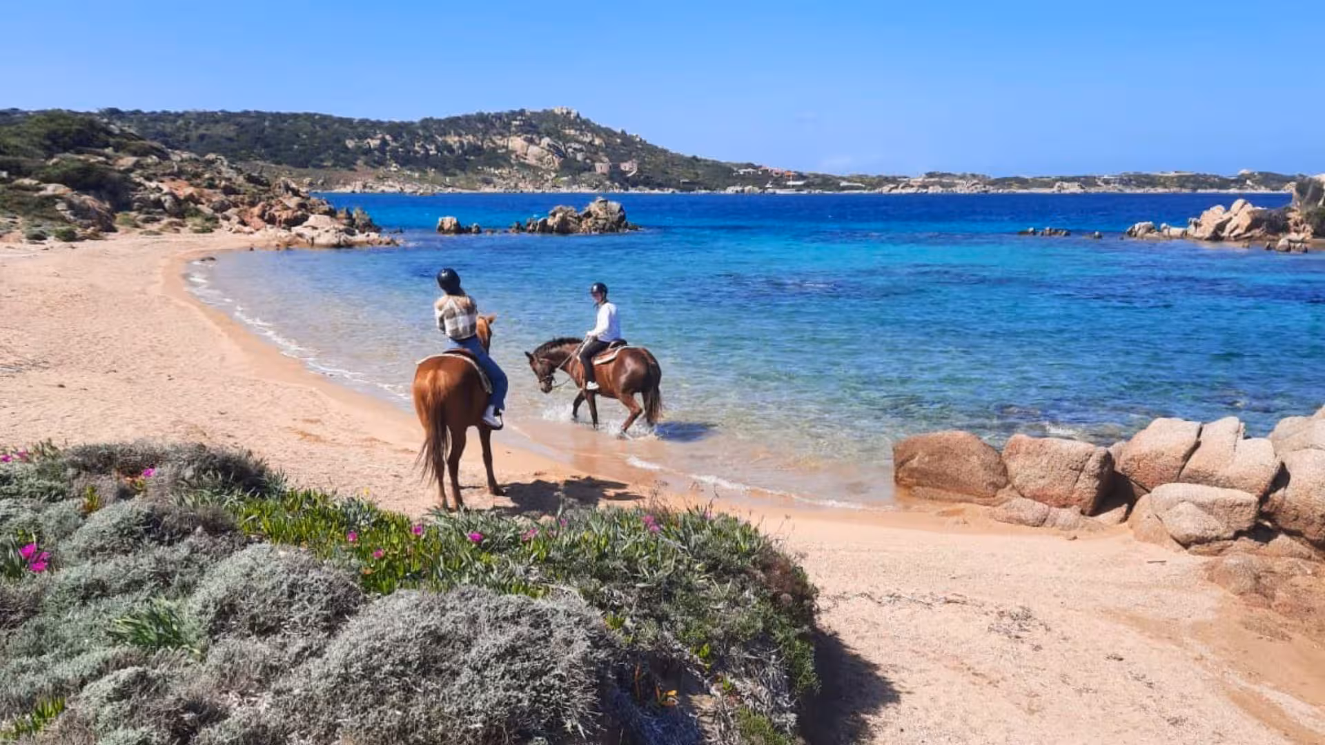 Two riders on horseback stroll along the sandy shores of La Maddalena, with clear blue sea views in Palau.