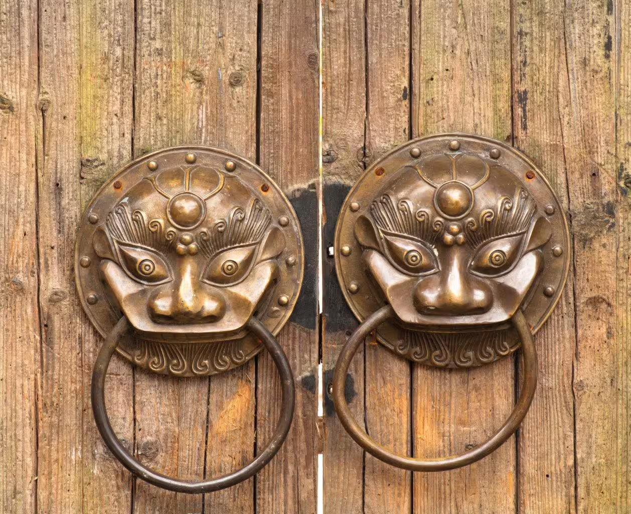Traditional Chinese door with ornate brass lion head knockers, showcasing Huangshan's rich cultural heritage.