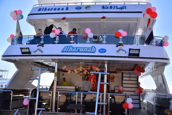 Decorated Hurghada cruise boat deck ready for Hula Hula Island snorkeling and sailing tour with lunch