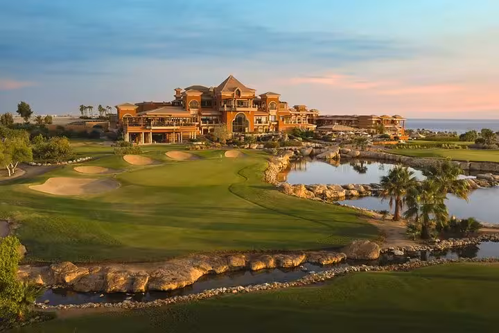 Luxury Soma Bay resort and golf course at sunset, destination for Hurghada Airport to Soma Bay private transfer