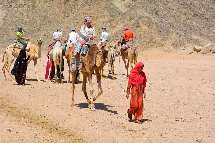 Camel ride stop on Hurghada family desert safari with Bedouin guide, part of ATV quad, jeep, dinner show tour