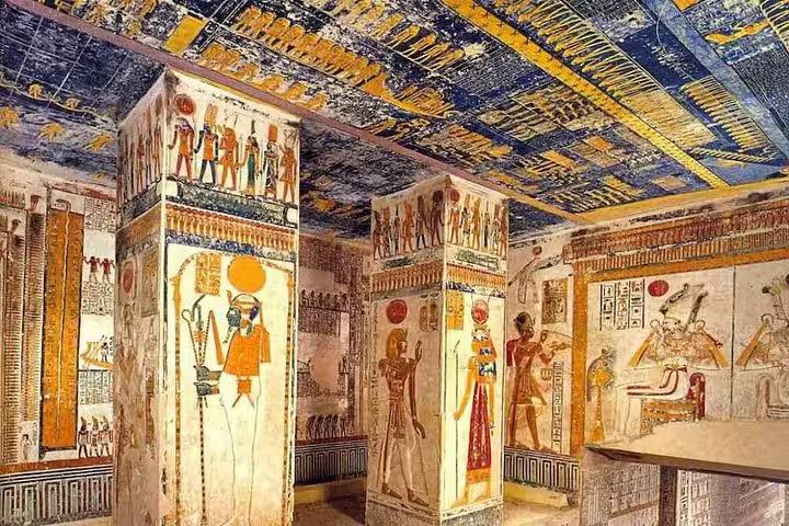 Colorful tomb wall paintings in the Valley of the Kings, featured on private Hurghada to Luxor day tour excursion