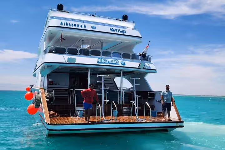 Rear view of Hurghada snorkeling boat cruising the Red Sea on Hula Hula Island sailing trip with lunch