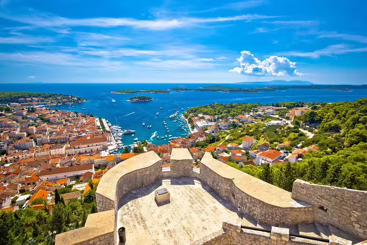 Panoramic Hvar Town and Pakleni Islands viewpoint, a highlight of the scheduled Blue Cave & 5 Islands tour