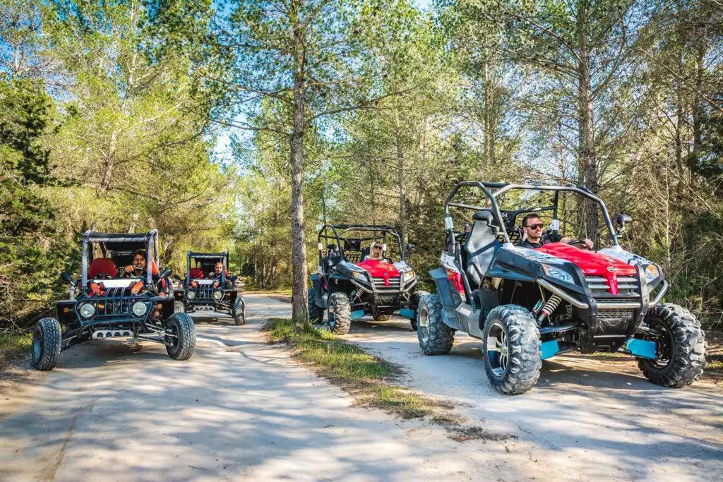 Ibiza buggy day trip convoy on forest track in southern Ibiza, off-road nature tour near Salinas