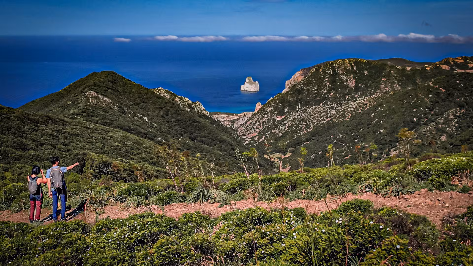 Travelers admire the breathtaking coastal view and lush valleys during the Iglesias jeep tour and trek.