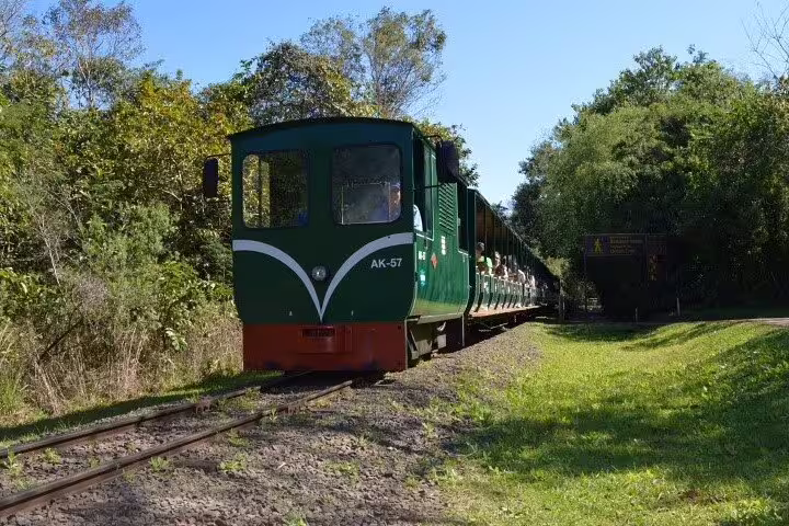 Green eco-train traverses lush rainforest trails at Iguazu Falls, offering a sustainable transport option for visitors.