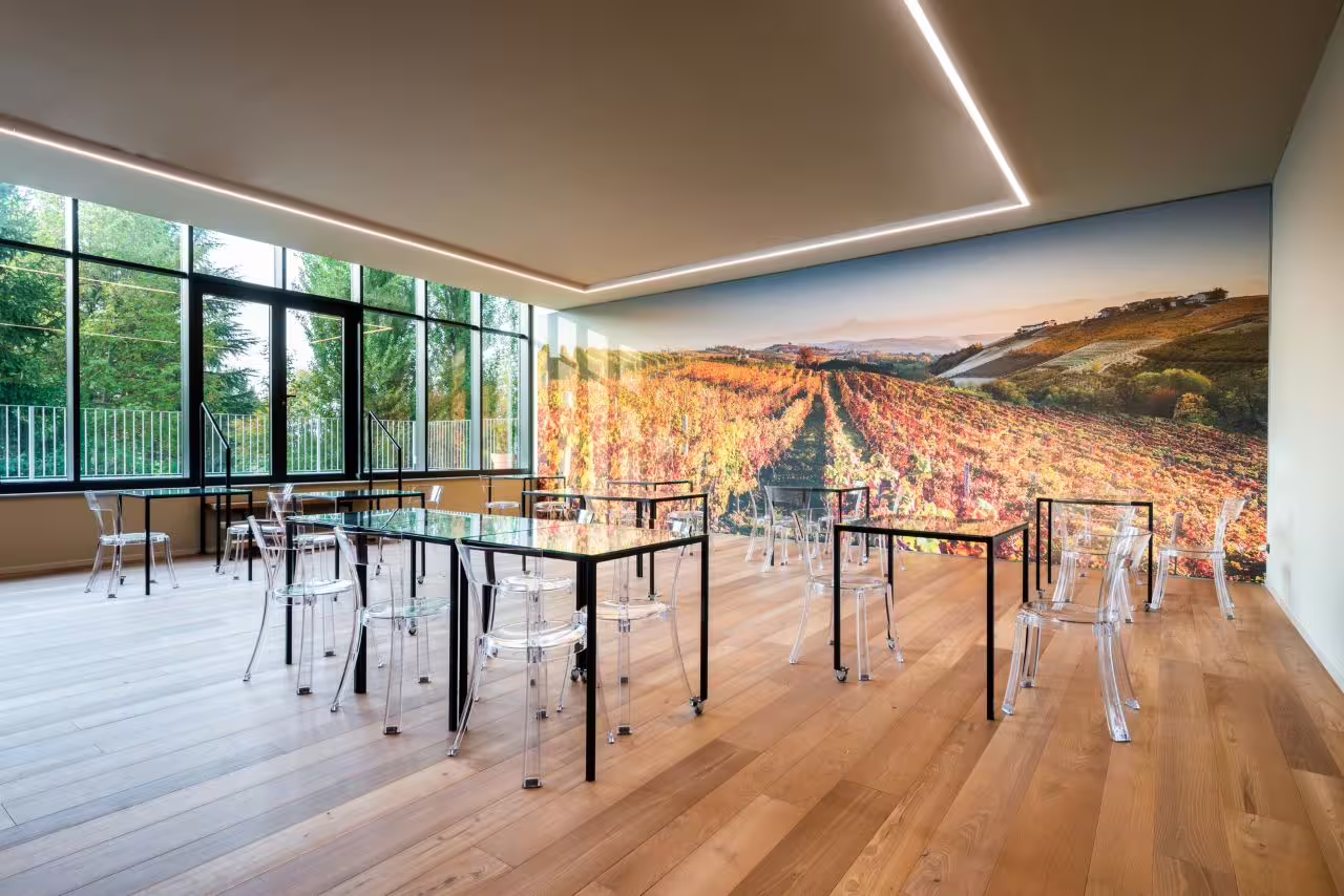 Modern tasting room with panoramic vineyard mural for Il Monsù wine tour in Barbaresco and Barolo region.
