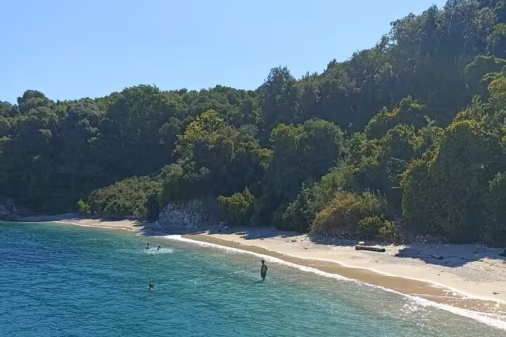 Secluded Ionian Sea beach stop on a locals BBQ boat trip, with turquoise water and lush green shoreline