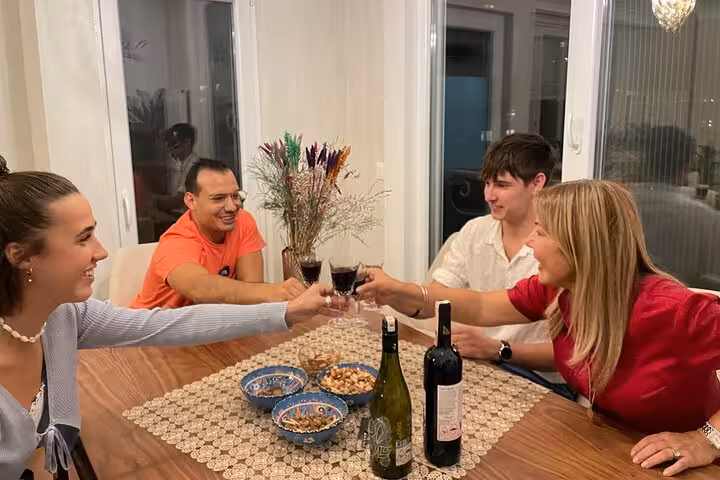 Guests clinking glasses during Istanbul wine tasting at home with local family, Turkish red wine and snacks