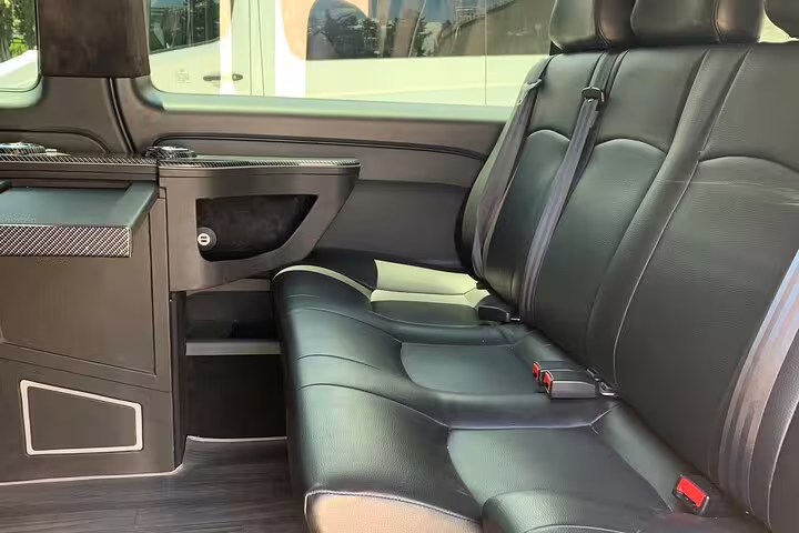 Spacious leather seats in premium van for Izmir Airport transfer, comfortable private shuttle service