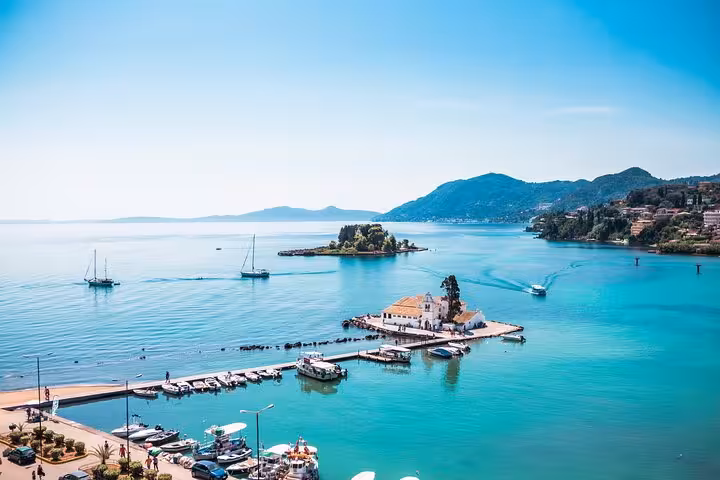 Kanoni and Mouse Island view in Corfu Town, a highlight of private tour with local tastings and sea vistas