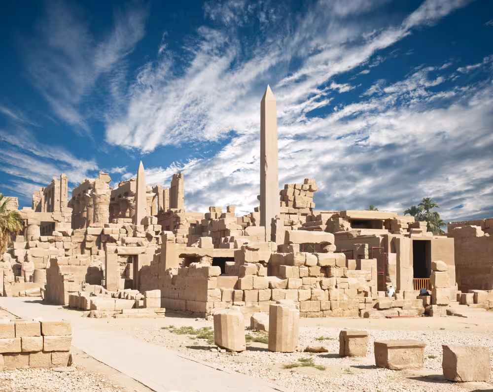 Ancient Karnak Temple ruins and obelisk in Luxor, featured on 7-day Egypt comfort tour Nile cruise 5-star