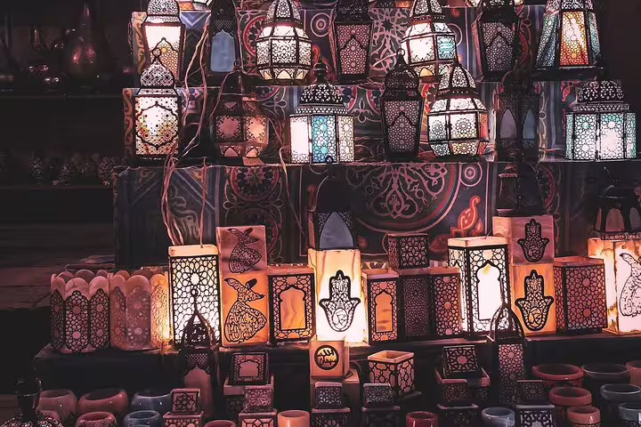 Colorful Khan El Khalili bazaar lanterns in Cairo, shopping stop on private day tour from Dahab by flight