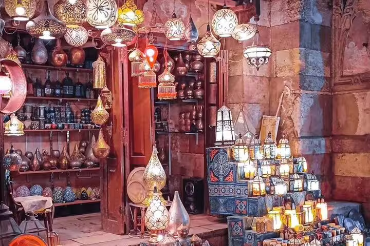 Khan El Khalili bazaar lantern shop in Cairo on private tour from El Sokhna port, Citadel and Pyramids