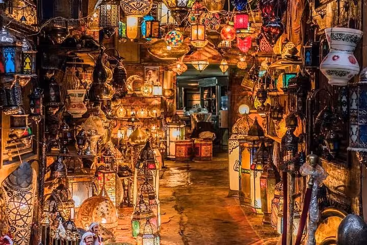 Colorful lantern shop at Khan El Khalili Bazaar in Cairo, perfect stop on evening cruise dinner tour