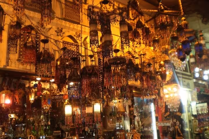 Hanging brass lanterns in Khan el Khalili Market, Cairo, on a private tour with local Egyptian dish tasting