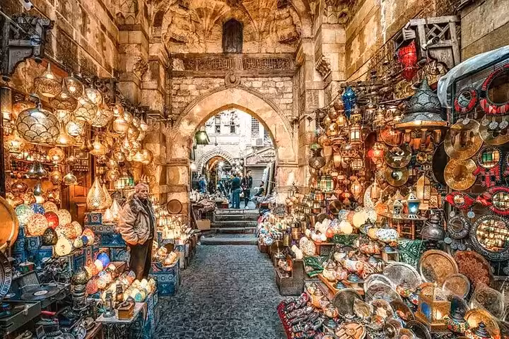 Lantern-filled Khan el Khalili bazaar passage in Cairo on a private guided market tour with local dish tasting