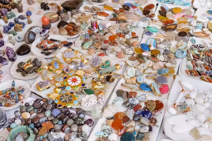 Colorful handmade gemstone jewelry at Khan El Khalili bazaar on a private Cairo tour with lunch