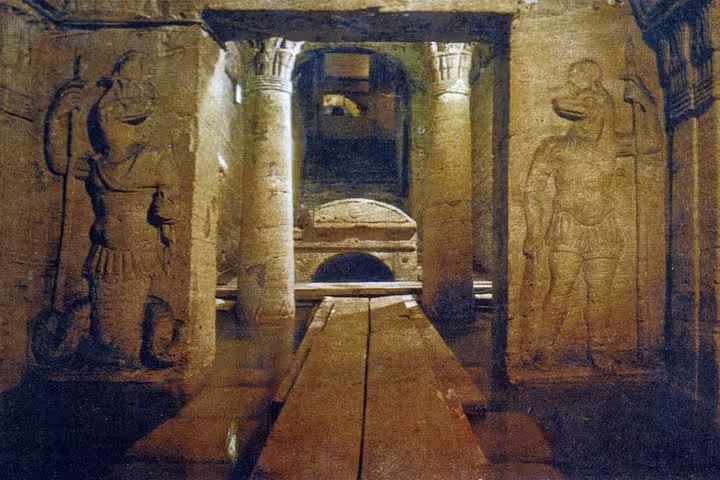 Ancient tomb chamber at Kom El Shoqafa Catacombs, Alexandria, visited on Cairo to Alexandria private tour