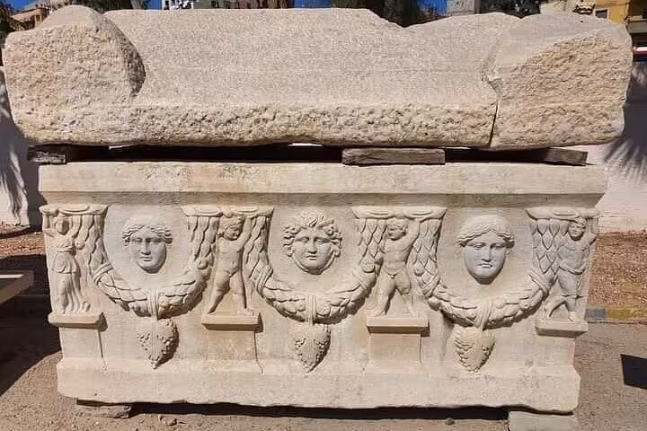 Stone sarcophagus at Kom El Shoqafa Catacombs in Alexandria, Egypt on Cairo to Alexandria guided tour