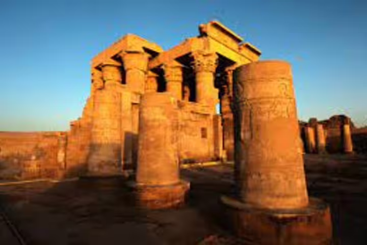 Sunset view of Kom Ombo Temple columns on Nile cruise route from Luxor to Edfu and Abu Simbel