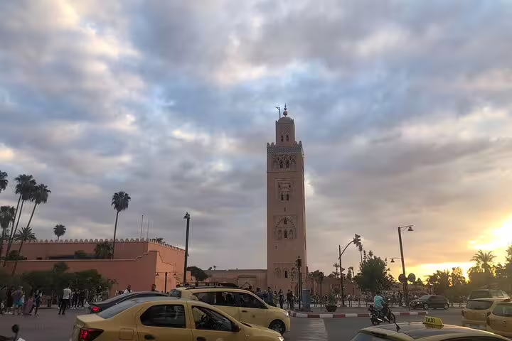Koutoubia Mosque minaret at sunset in Marrakech, a highlight on the Morocco 10 days tour from Casablanca