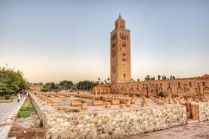 Koutoubia Mosque minaret in Marrakech at sunset, starting point for Morocco Anti-Atlas & Sahara 8-day tour
