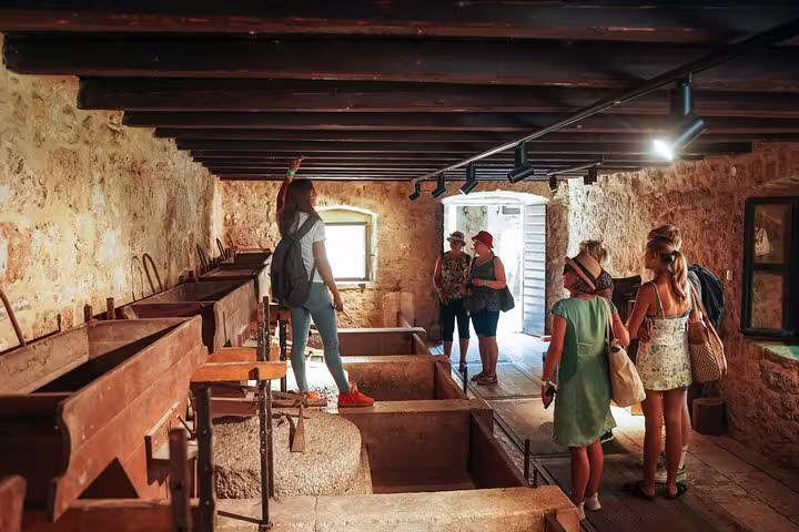 Visitors exploring historic watermill interior at Krka National Park on scheduled Krka Waterfalls tour with guide