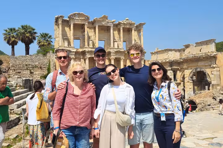 Kusadasi cruise shore tour group photo at Ephesus Library of Celsus, guided Ephesus day trip