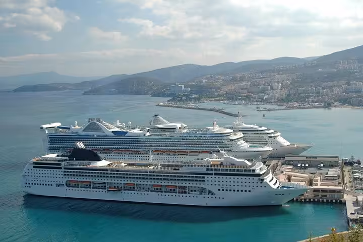Cruise ships docked at Kusadasi port, starting point for private Ephesus tour for cruisers with tickets included