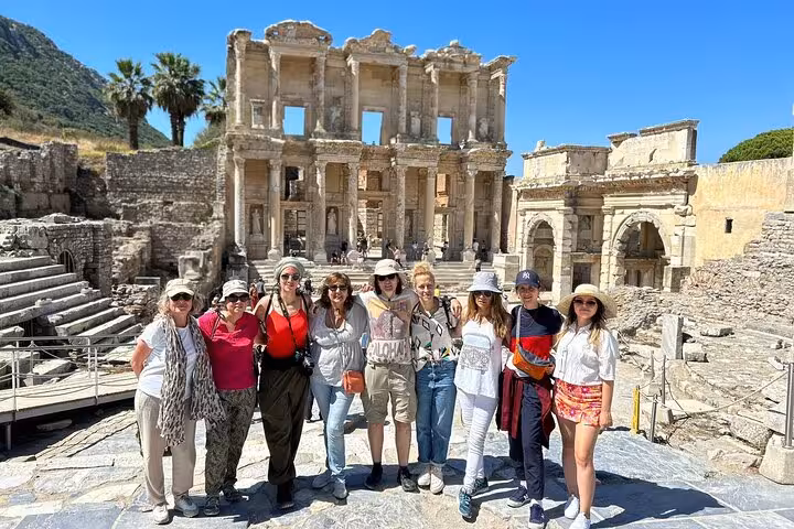 Small group photo at Library of Celsus, Ephesus ruins from Kusadasi Port private shore excursion tour