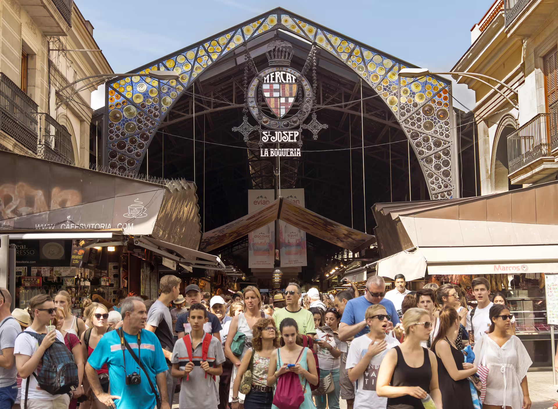 La Boqueria Market entrance on Las Ramblas Barcelona, key stop on El Raval 1-day walking tour audioguide
