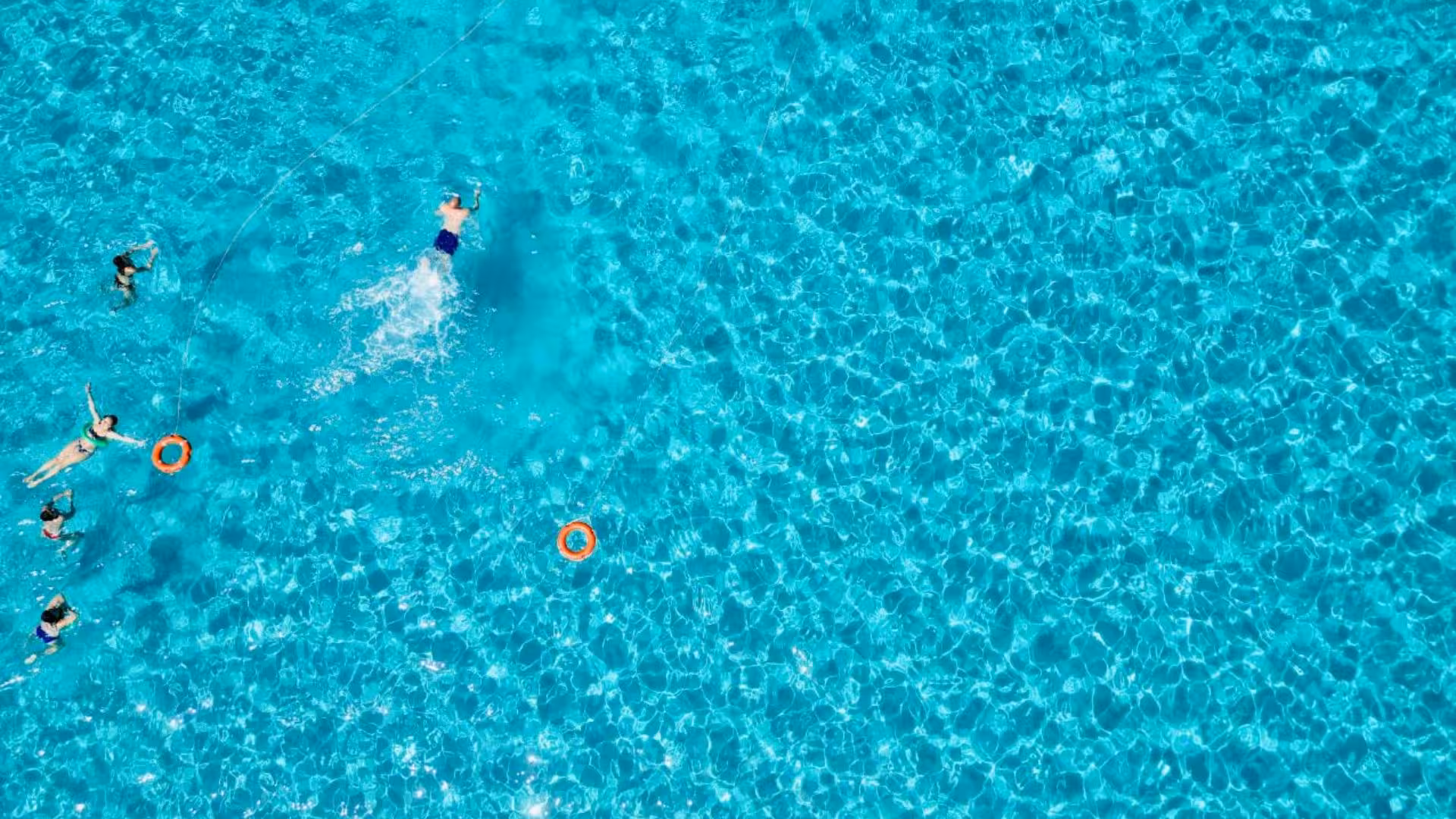 Top view of swimmers enjoying the clear blue waters near La Pelosa, Stintino, with vibrant orange flotation rings.