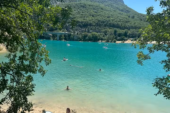 Turquoise waters of Lac de Sainte-Croix in Verdon Gorge, scenic break on private Provence lavender day trip