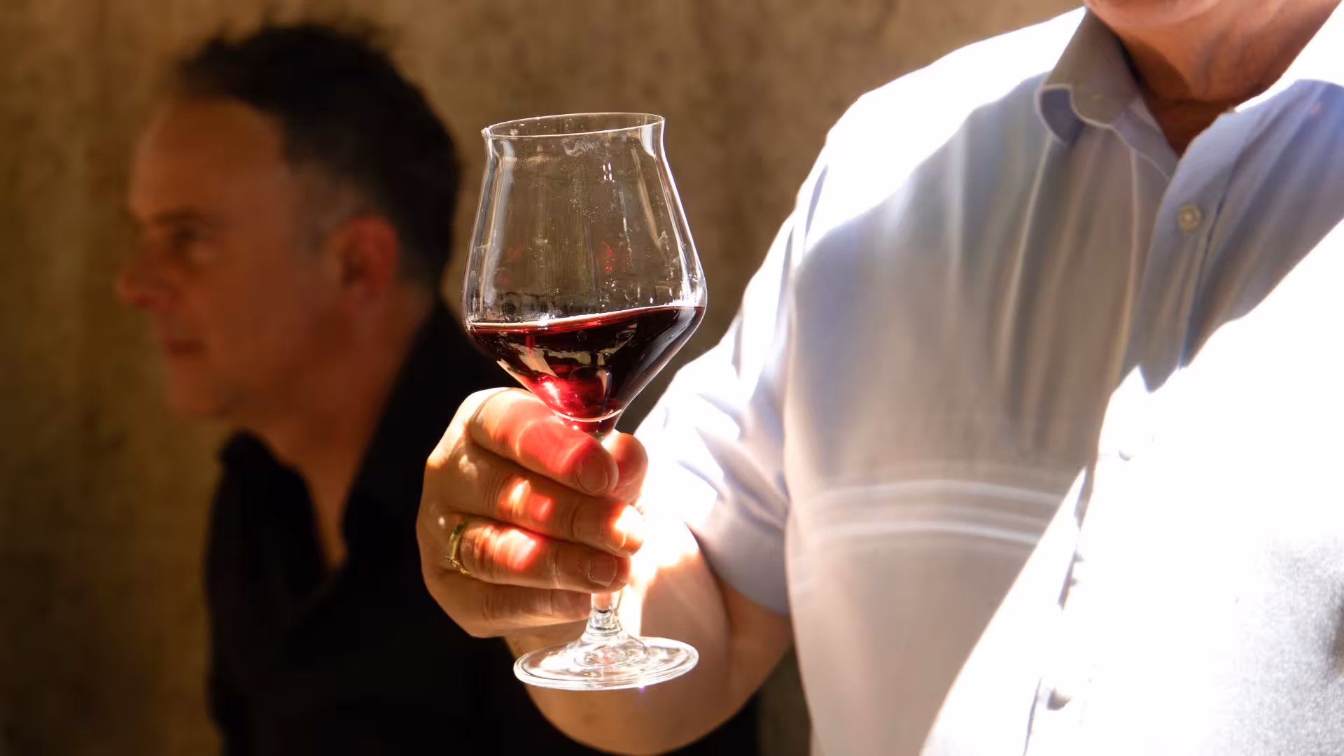 A person holds a glass of red wine, reflecting sunlight during a wine tasting tour at a Laconi winery.