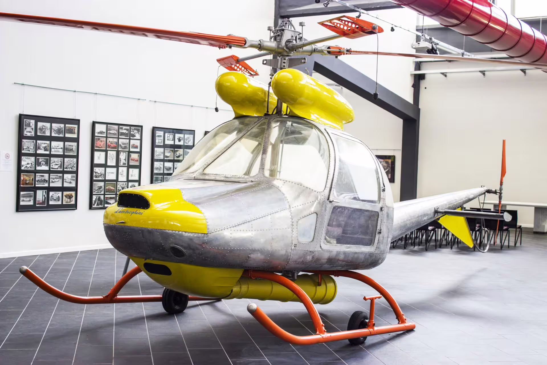 Vintage Lamborghini helicopter exhibit inside the Lamborghini Museum near Bologna, included with combo entry ticket