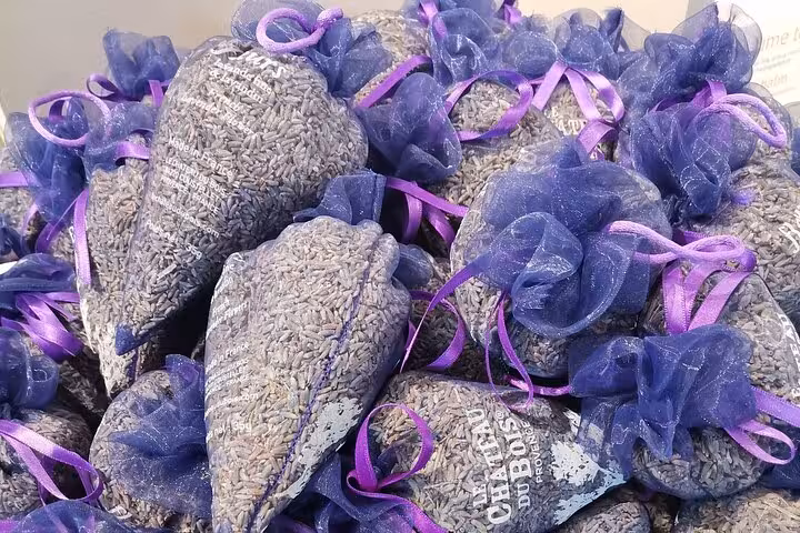 Lavender sachets tied with purple ribbons at a Provence market, fragrant souvenir on Luberon wine tour